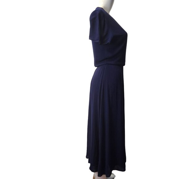 Wayf Navy Blue Blouson Midi Dress Rayon & Polyester Lined V-Neck Short Sleeves M - Picture 3 of 16